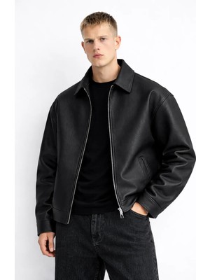 Ohepmoda Oversize Rahat Kalıp Düz Erkek Deri Ceket