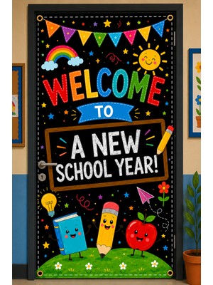 Promisebackdrop2 190X75CM Lastikli Kapı Süsü, Kumaş Kapı Giydirme, Welcome To A New School Year, Sınıf Kapısı, Okul Etkinlik Kapı Süsü