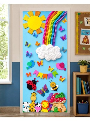 Promisebackdrop2 190X75CM Lastikli Kapı Süsü, Kumaş Kapı Giydirme, Renkli Kelebekler ve Sevimli Hayvanlar Temalı, Sınıf Kapısı, Okul Etkinlik Kapı Süsü