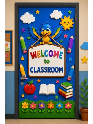 Promisebackdrop2 190X75CM Lastikli Kapı Süsü, Kumaş Kapı Giydirme, Welcome To Classroom, Sınıf Kapısı, Okul Etkinlik Kapı Süsü