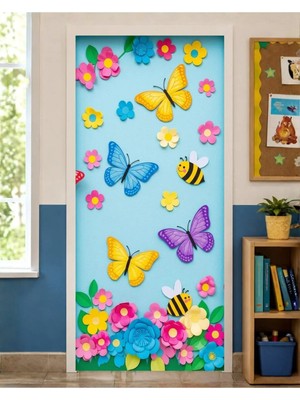 Promisebackdrop2 190X75CM Lastikli Kapı Süsü, Kumaş Kapı Giydirme, Renkli Kelebek ve Arı Temalı, Sınıf Kapısı, Okul Etkinlik Kapı Süsü