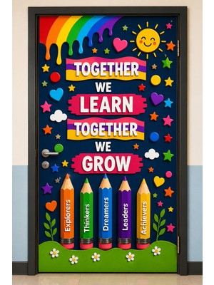 Promisebackdrop2 190X75CM Lastikli Kapı Süsü, Kumaş Kapı Giydirme, Together We Learn Together We Grow, Sınıf Kapısı, Okul Etkinlik Kapı Süsü