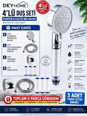Deyhome 4'lü Slikon Tutamaçlı Set 6 Fonksiyonlu Filtreli Duş Başlığı + Yapışkanlı Mafsal + 3 Yedek Filtre – 150CM Örgülü Hortum-Basınç Artırıcı, Klor & Kireç Önleyici