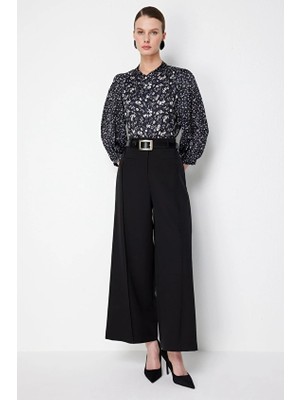 Onfashion Geniş Paça Kemerli Yüksek Bel Dokuma Kadın Pantolon 74127 Siyah