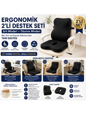 Viscora 2’li Ortopedik Visco Minder Seti – Ergonomik Bel, Sırt ve Kuyruk Sokumu Desteği