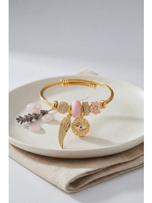 Nacario Mey Ithalat® Pembe Göz Model Gold Renk Charmlı Bileklik