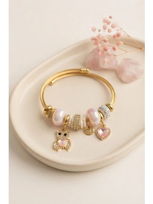 Nacario Mey Ithalat® Tedy Bear Model Gold Renk Pembe Charmlı Bileklik