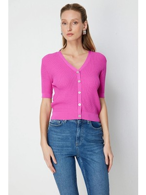 Onfashion V Yaka Kısa Kollu Dokuma Kadın Hırka 76365 Fuşya