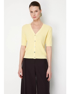 Onfashion V Yaka Kısa Kollu Dokuma Kadın Hırka 76365 Sarı