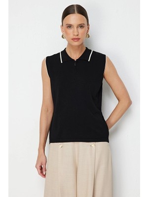 Onfashion Polo Yaka Kolsuz Dokuma Kadın Bluz 79311 Siyah