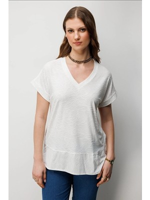 Onfashion V Yaka Kısa Kollu Dokuma Kadın Bluz 71343 Ekru