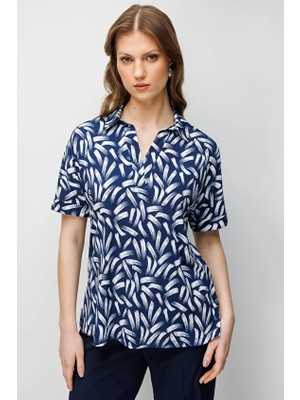 Onfashion Kısa Kollu Dokuma Klasik Yaka Kadın Bluz 71338 Lacivert