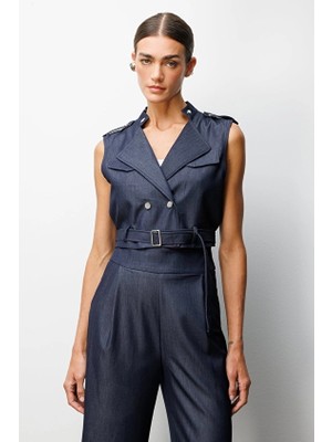 Onfashion Kruvaze Kemerli Crop Fit Kolsuz Dokuma Kadın Yelek 70919 Indıgo
