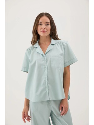 Cottons &amp; Clouds Düğmeli Loose Fit Kısa Kollu Kadın Pamuk Saten Pijama Üstü CC9813 Mint