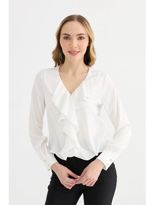 Selen V Yaka Kadın Bluz 25YSL8093 Ekru