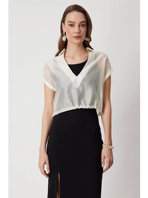 Onfashion Gömlek Yaka Polyester Kolsuz Kadın Bluz 74347 Krem