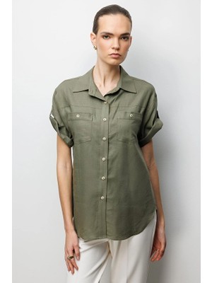 Ekol Polo Yaka Regular Fit Keten Kısa Kollu Kadın Bluz 02024 Haki