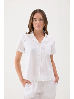 Cottons &amp; Clouds Düğmeli Loose Fit Kısa Kollu Kadın Pamuk Saten Pijama Üstü CC9811 Beyaz