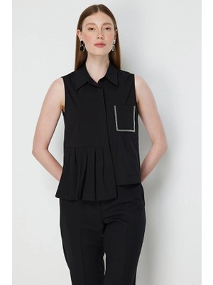 Onfashion Gömlek Yaka Kolsuz Pamuk Kadın Gömlek 72336 Siyah