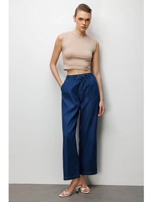 Ekol Regular Fit Bol Paça Bağcıklı Lastikli Dokuma Kadın Pantolon 04090 Indıgo