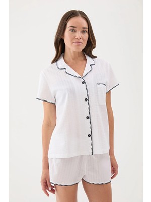 Cottons &amp; Clouds Loose Fit Kısa Kollu Kadın Çoban Dikiş Pijama Üstü CC9581 Beyaz