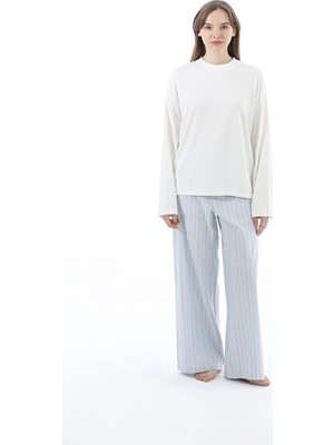Cottons &amp; Clouds Bisiklet Yaka Uzun Kol Loose Fit Pamuk-Modal Kadın Pijama Üstü CC7132 Ekru