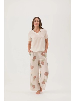 Cottons &amp; Clouds Loose Fit Kısa Kollu Kadın Ananas Desenli Pijama Takımı CC7659 Bej