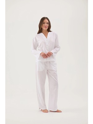 Cottons &amp; Clouds Beli Lastikli Düz Paça Loose Fit Kadın Refli Pijama Altı CC9222 Beyaz