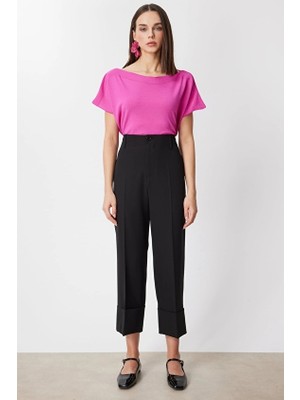 Onfashion Regular Fit Bol Paça Yüksek Bel Dokuma Kadın Pantolon 74126 Siyah