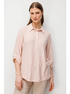 Onfashion Polo Yaka Yarım Kol Dokuma Kadın Bluz 71342 Pudra