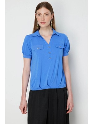 Onfashion Polo Yaka Kısa Kollu Dokuma Kadın Bluz 71480 Mavi