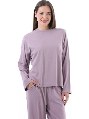 Cottons &amp; Clouds Bisiklet Yaka Uzun Kol Loose Fit Pamuk-Modal Kadın Pijama Üstü CC7132 Lila