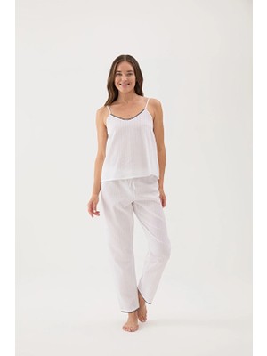 Cottons &amp; Clouds Beli Lastikli Düz Paça Loose Fit Kadın Çoban Dikiş Pijama Altı CC9585 Beyaz
