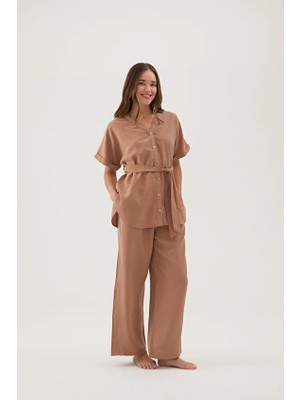 Cottons &amp; Clouds Beli Lastikli Düğmeli Bol Paça Oversize Kadın Önden Bol Kesim Pijama Takımı CC5875 Somon