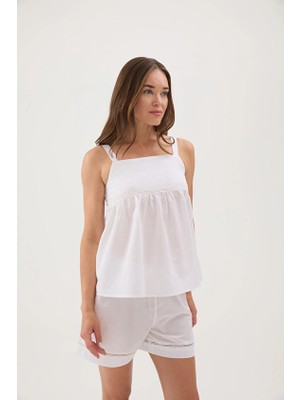 Cottons &amp; Clouds Loose Fit Ip Askılı Kadın Refli Pijama Üstü CC9224 Beyaz