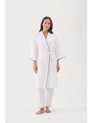 Cottons &amp; Clouds Uzun Kollu Loose Fit Kadın Kuşaklı Çoban Dikiş Sabahlık CC9584 Beyaz