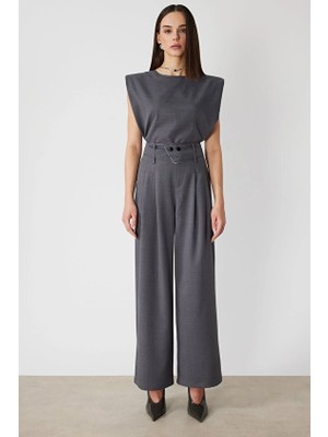 Onfashion Regular Fit Kemerli Bol Paça Yüksek Bel Dokuma Kadın Pantolon 70305 Gri