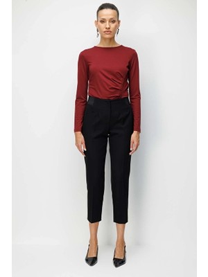 Ekol Regular Fit Dar Paça Lastikli Dokuma Kadın Pantolon 04166 Siyah