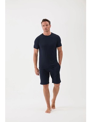 Cottons &amp; Clouds Loose Fit Kısa Kollu Erkek Mikro Modal Şort Takımı CC9086 Lacivert
