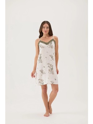 Cottons &amp; Clouds Loose Fit Ip Askılı Kadın Floral Desenli Viskon Gecelik CC7316 Ekru