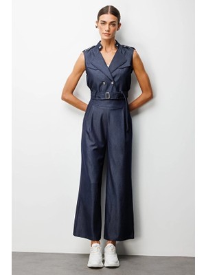 Onfashion Regular Fit Bol Paça Yüksek Bel Dokuma Kadın Pantolon 70920 Indıgo