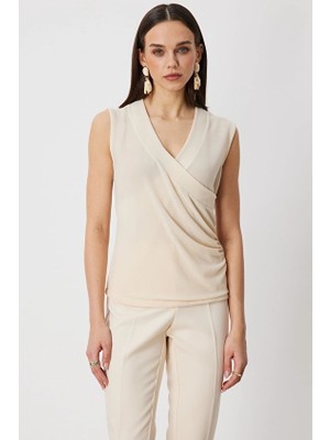 Onfashion Kruvaze Regular Fit Kolsuz Dokuma Kadın Bluz 71383 Ekru