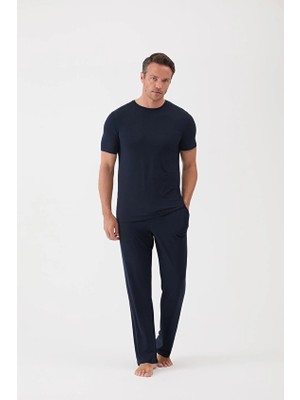 Cottons &amp; Clouds Loose Fit Kısa Kollu Erkek Mikro Modal Pijama Takımı CC9083 Lacivert