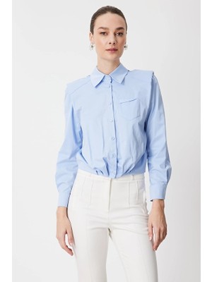 Onfashion Gömlek Yaka Crop Fit Vatkalı Pamuk Kadın Gömlek 72303 Mavi