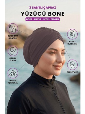 Loggia Üç Bantlı Çapraz Deniz Havuz Yüzücü Spor Bonesi - Hazır Türban Tesettür Mayo Dış Bone Soluk Kahve