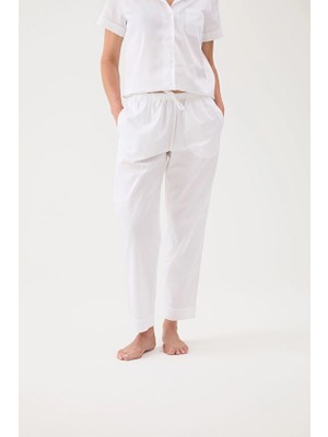 Cottons &amp; Clouds Beli Lastikli Düz Paça Loose Fit Kadın Pamuk Saten Pijama Altı CC9812 Beyaz