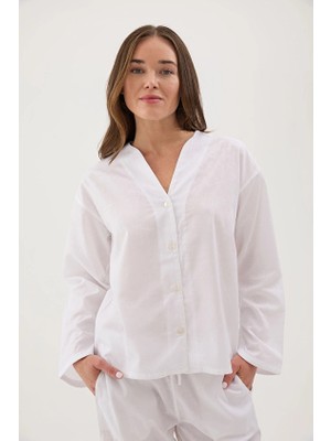 Cottons &amp; Clouds Düğmeli Uzun Kollu Loose Fit Kadın Refli Pijama Üstü CC9221 Beyaz