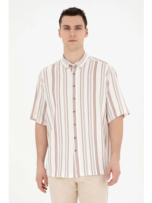 Pierre Cardin Kısa Kol Düğmeli Yaka Oversize Erkek Gömlek 1860861 Açık Kahverengi