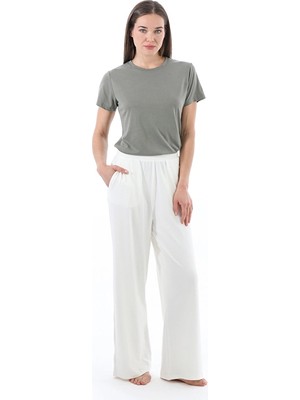 Cottons &amp; Clouds Palazzo Paça Lastikli Bel Loose Fit Pamuk-Modal Kadın Pijama Altı CC7133 Ekru