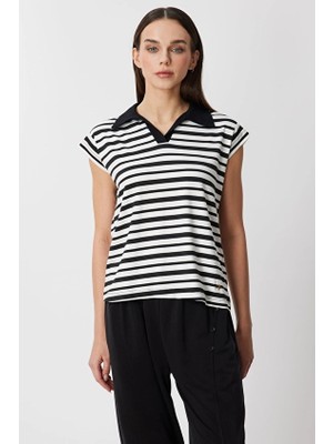 Onfashion Polo Yaka Regular Fit Kısa Kollu Dokuma Kadın Bluz 71341 Siyah